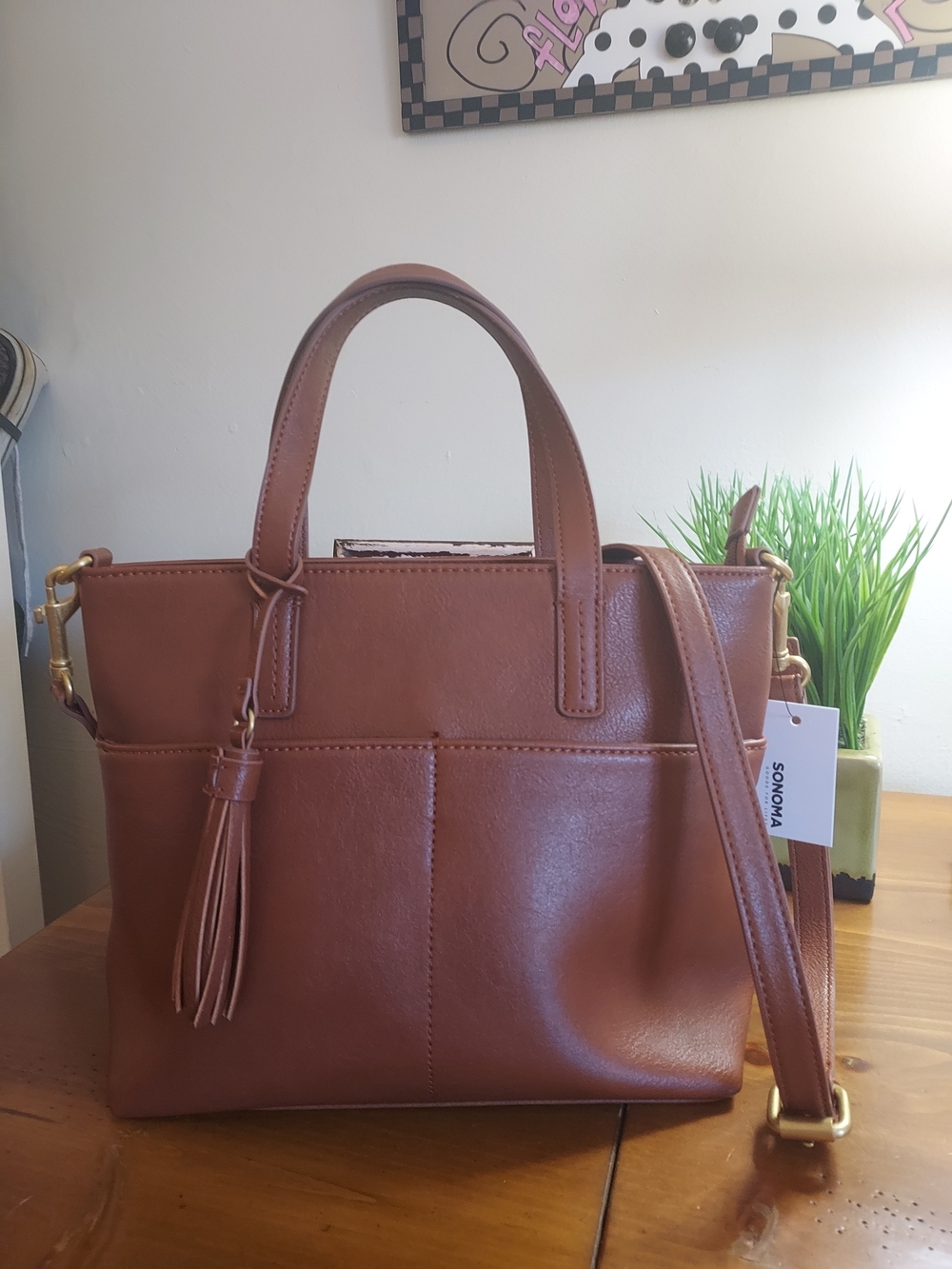 SONOMA Two-Handle Tote Bag in Cognac Brown With Crossbody Strap NWTs